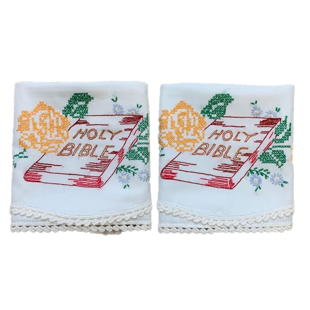 Vintage Embroidered Holy Bible Pillowcases Crochet Lace Cottagecore Religious